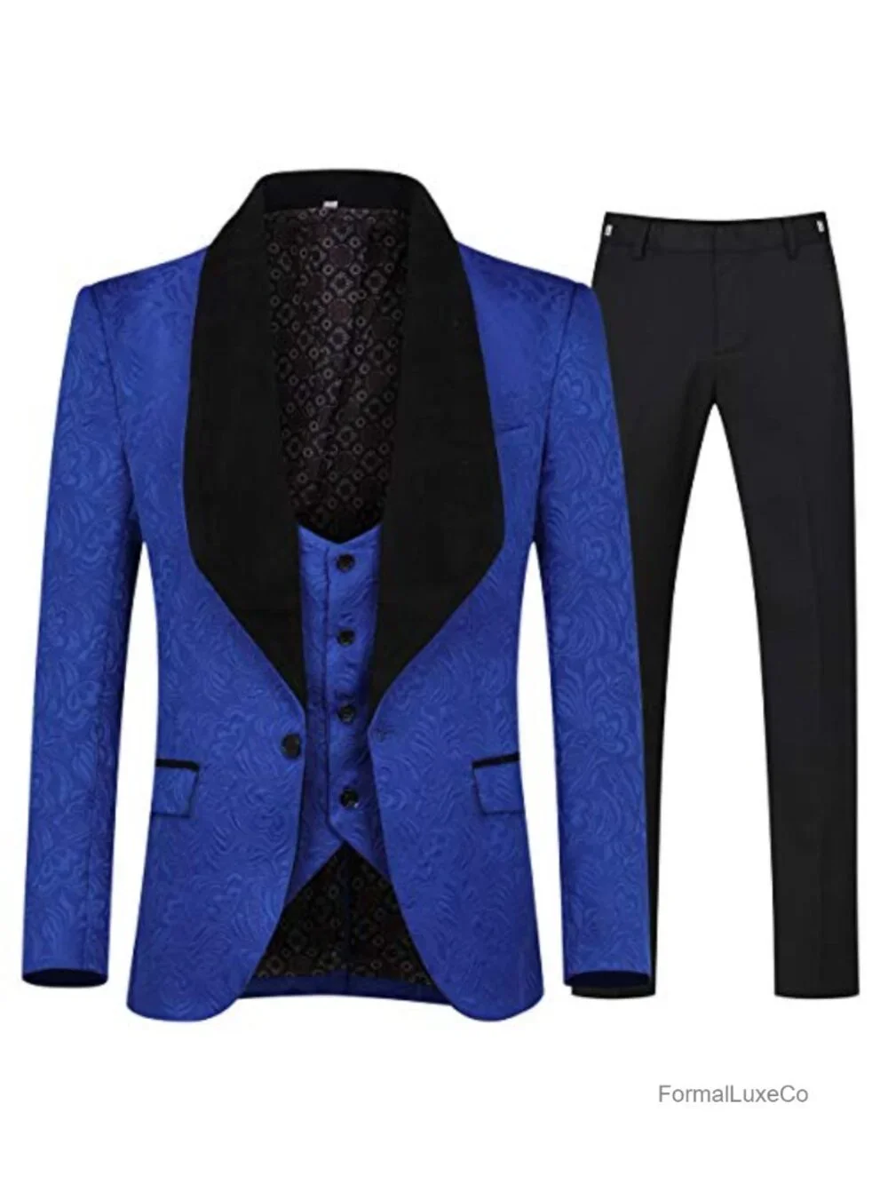 Men's Slim Fit Jacquard Tuxedo 3 Piece Suit, One Button Blazer, Polyester